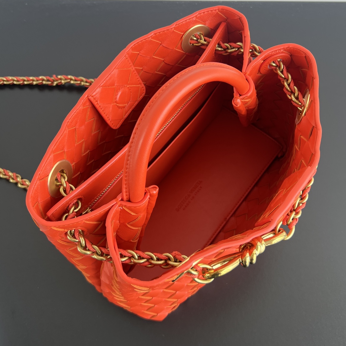 Small Andiamo Intrecciato Leather Top Handle Bag Orange Red